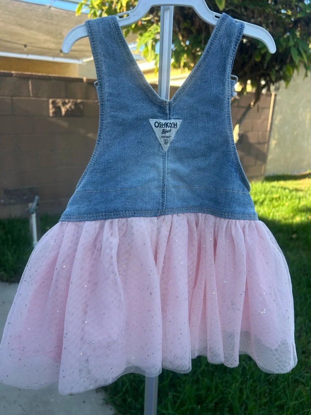 OshKosh B'gosh Blue Denim Overall Dress with Pink Tulle Skirt